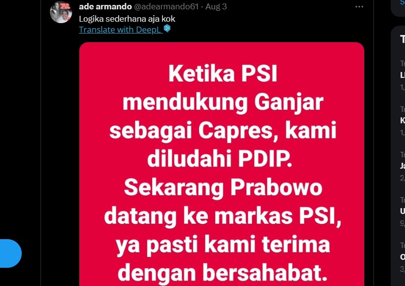 Ade Armando Kesal PSI 'Dihina' PDIP, Bandingkan dengan Sikap Prabowo