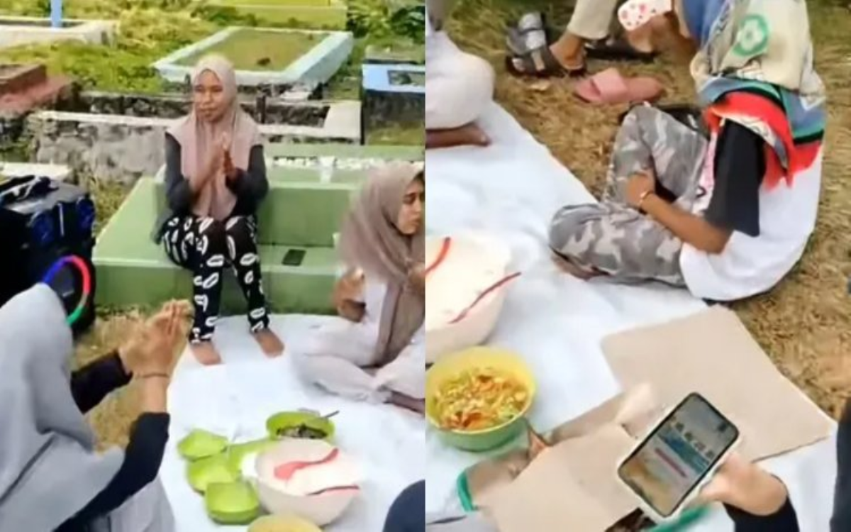 Nekat Parah! Emak-emak Malah Gelar Piknik di Kuburan Sambil Bernyanyi, Netizen: Sedih Lihatnya