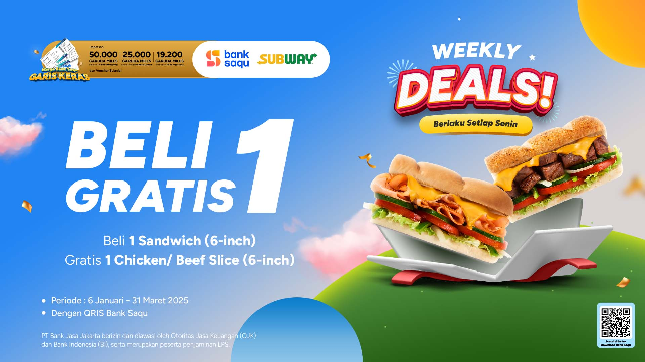 Promo Terbaik Beli Subway, Beli 1 Gratis 1 Pakai QRIS Bank Saqu