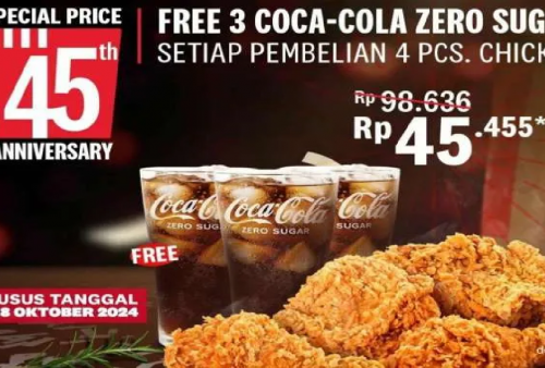 Spesial Ulang Tahun KFC Ada Promo Hari Ini 15-18 Oktober 2024: Beli Ayam Gratis 3 Coca Cola Zero Sugar